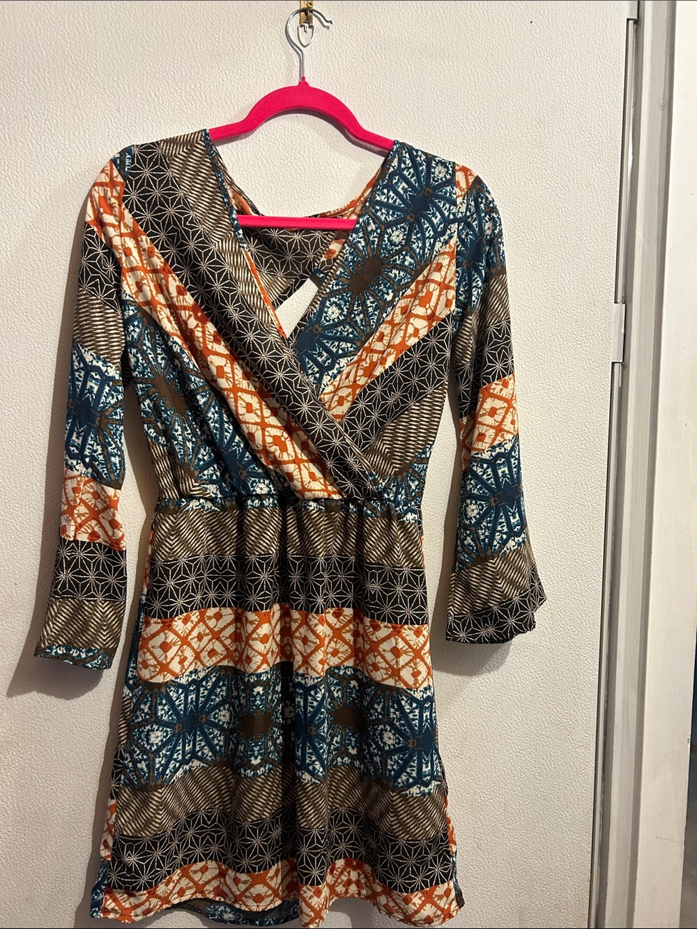 Wrap-Style Long Sleeve Dress in Teal, Orange & Brown